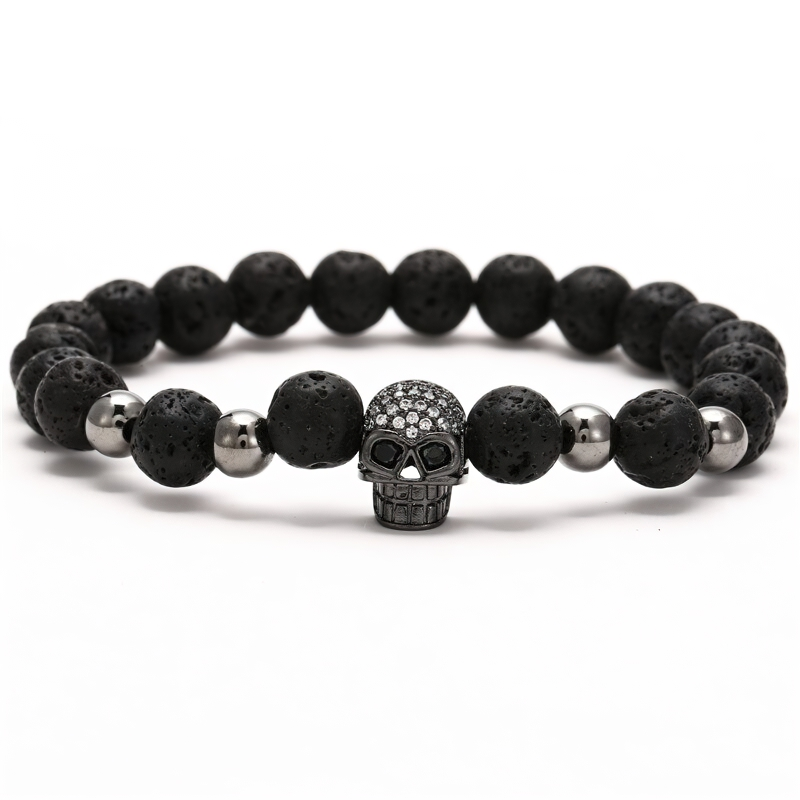 Gothic Beads Stones Bracelet With Skull Head / Unisex Fashion Rock Style Jewelry