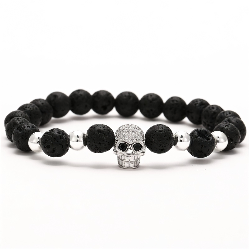 Gothic Beads Stones Bracelet With Skull Head / Unisex Fashion Rock Style Jewelry