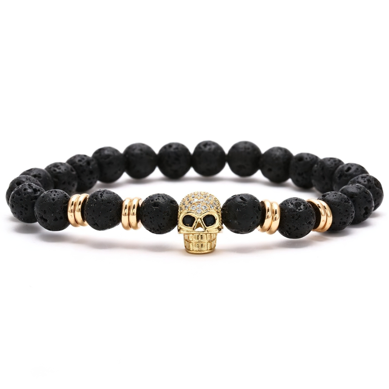 Gothic Beads Stones Bracelet With Skull Head / Unisex Fashion Rock Style Jewelry