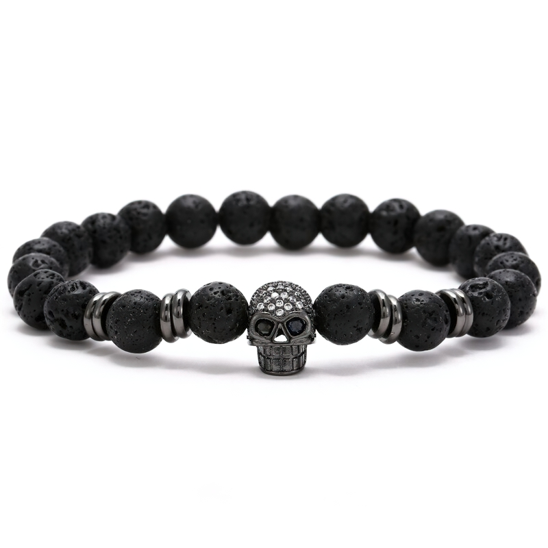 Gothic Beads Stones Bracelet With Skull Head / Unisex Fashion Rock Style Jewelry