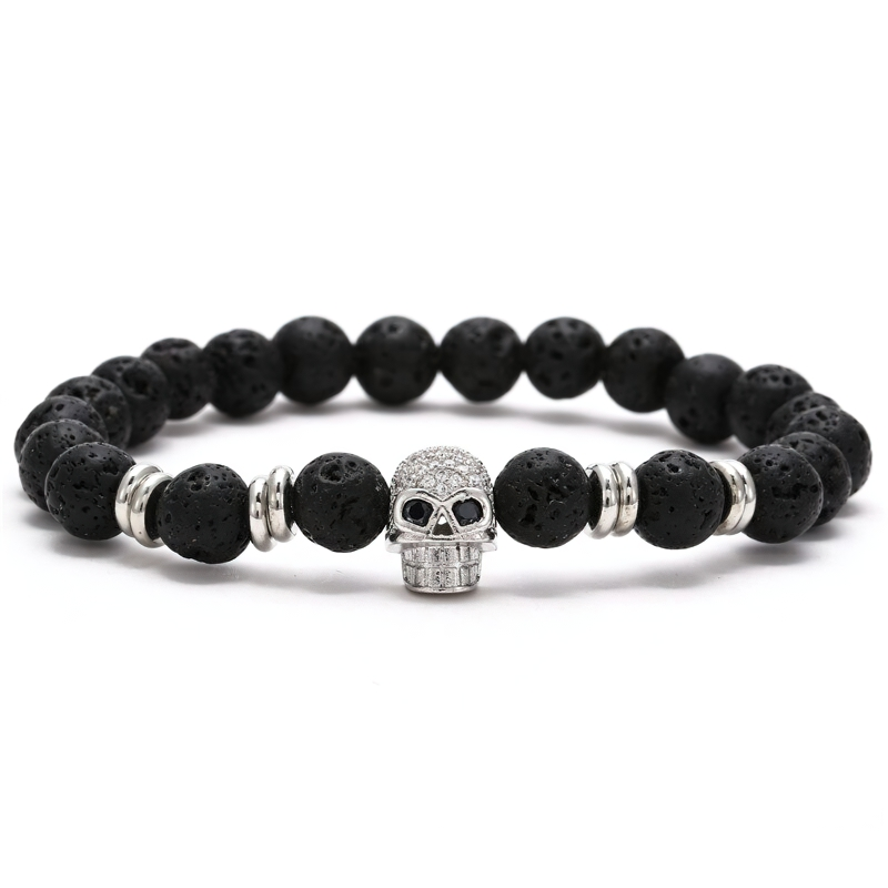 Gothic Beads Stones Bracelet With Skull Head / Unisex Fashion Rock Style Jewelry