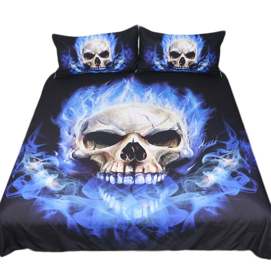 Gothic Bedclothes Set with print skull in blue fier / Fashion Black Home Textiles