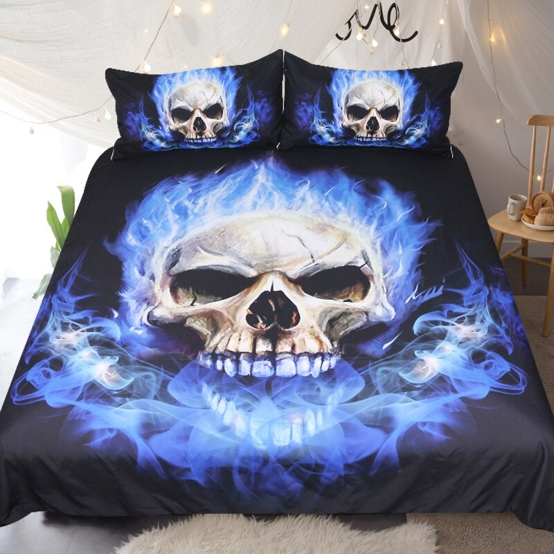 Gothic Bedclothes Set with print skull in blue fier / Fashion Black Home Textiles