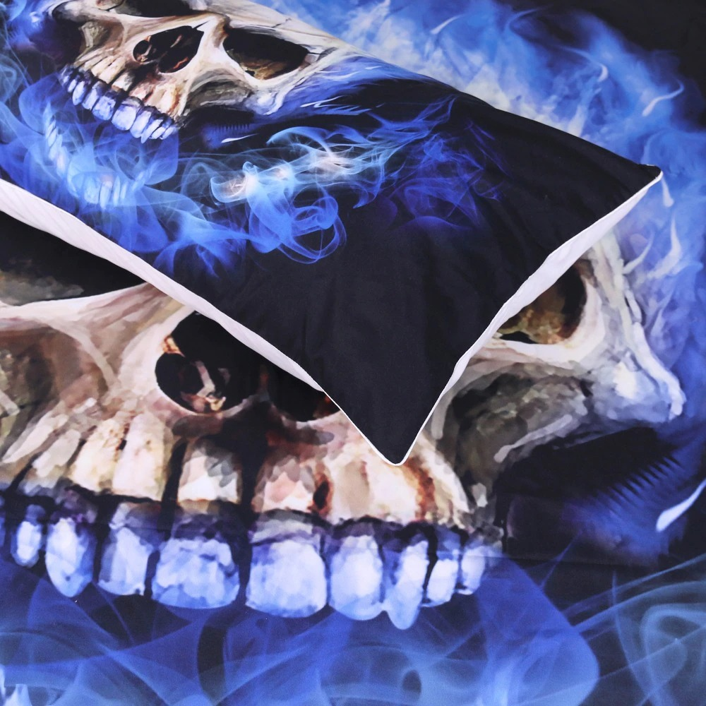 Gothic Bedclothes Set with print skull in blue fier / Fashion Black Home Textiles