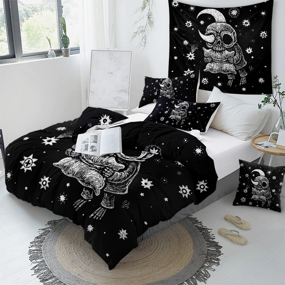 Gothic Bedclothes Skull with Moon / Bedding with Print Meteor Comic / Duvet Cover King Size