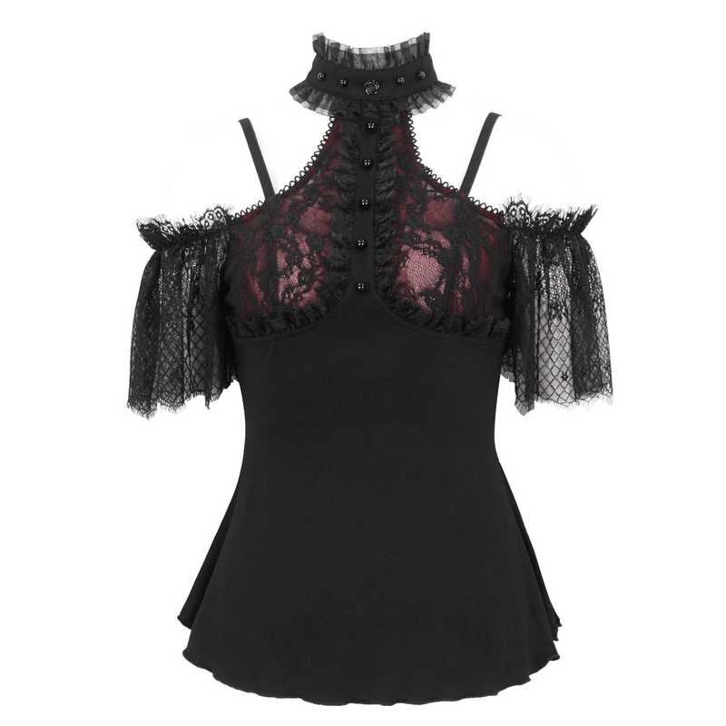 Gothic Black And Red Off Shoulder Short Lace Sleeves Top