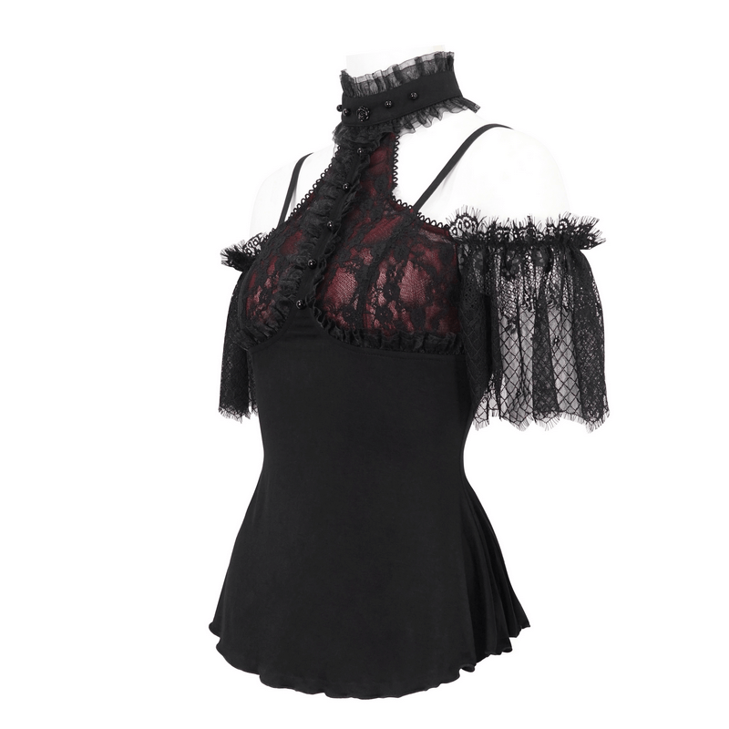 Gothic Black And Red Off Shoulder Short Lace Sleeves Top