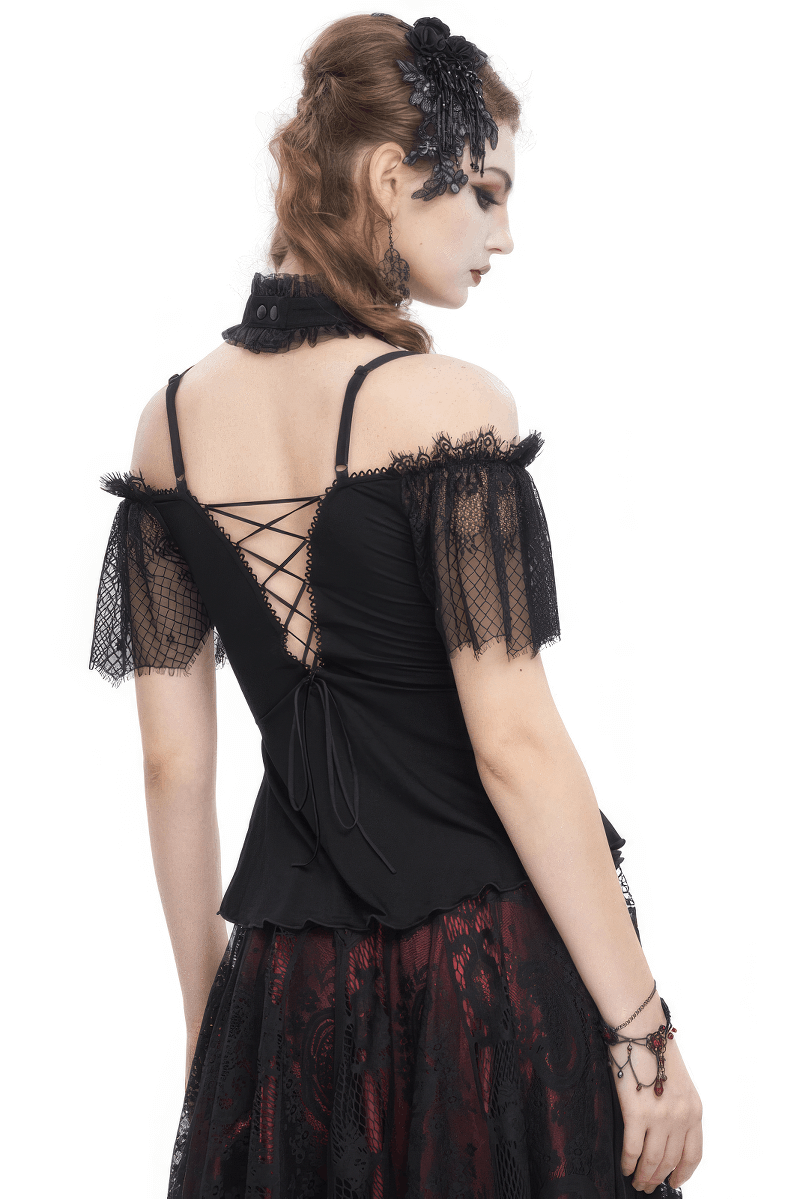 Gothic Black And Red Off Shoulder Short Lace Sleeves Top