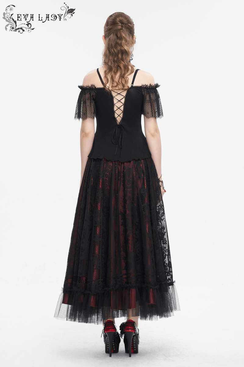 Gothic Black And Red Off Shoulder Short Lace Sleeves Top