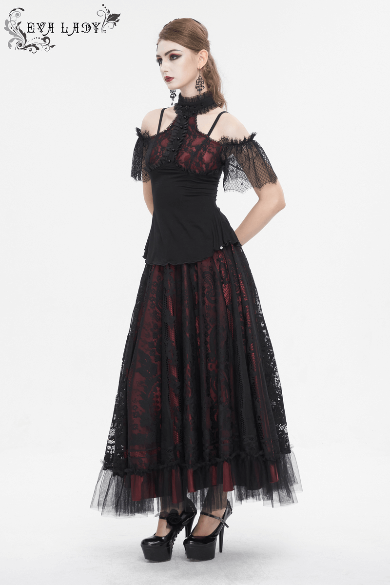 Gothic Black And Red Off Shoulder Short Lace Sleeves Top