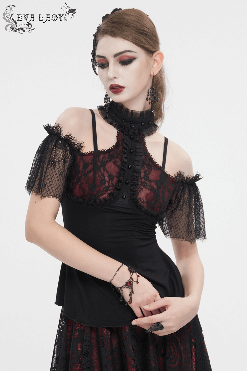 Gothic Black And Red Off Shoulder Short Lace Sleeves Top