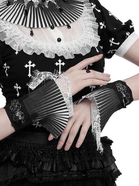 Gothic Black And White Lace Pleated Flared Fingerless Gloves