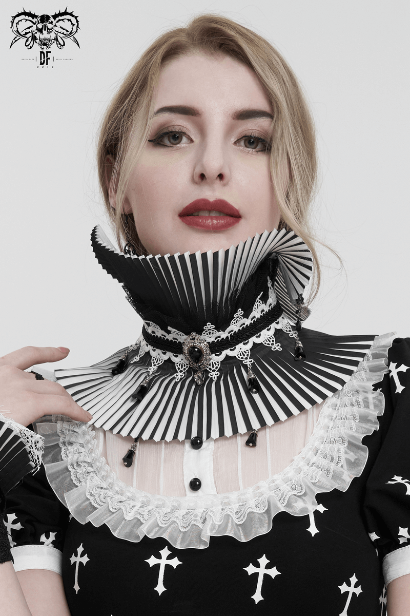 Gothic Black and White Pleated Stand Collar / Fashion Women's Lace Beaded Neckwear