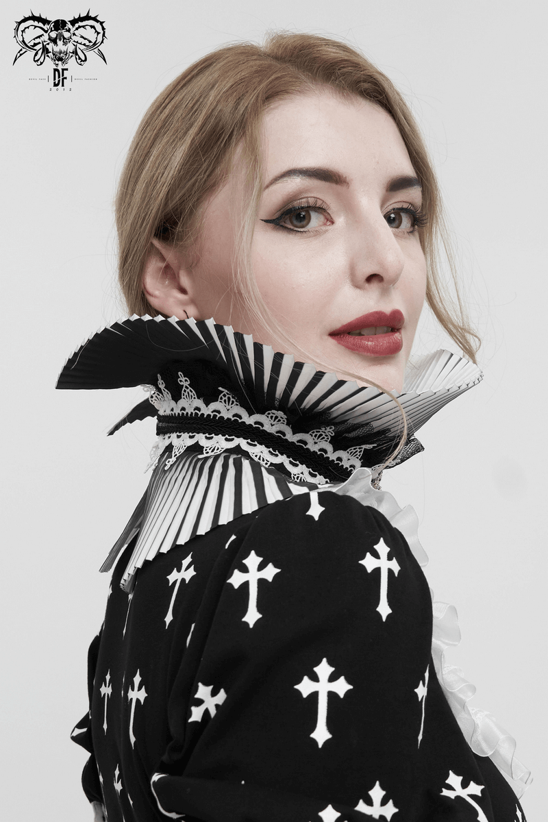Gothic Black and White Pleated Stand Collar / Fashion Women's Lace Beaded Neckwear
