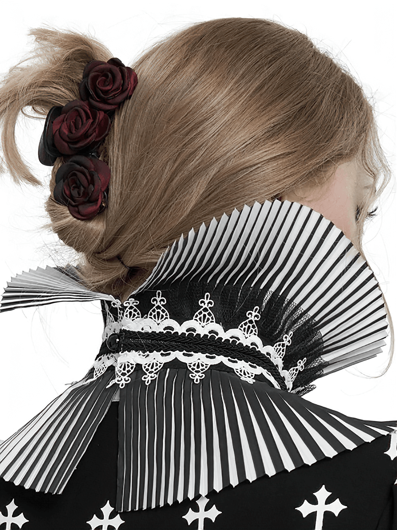 Gothic Black and White Pleated Stand Collar / Fashion Women's Lace Beaded Neckwear