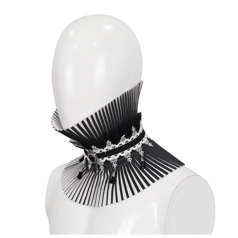Gothic Black and White Pleated Stand Collar / Fashion Women's Lace Beaded Neckwear