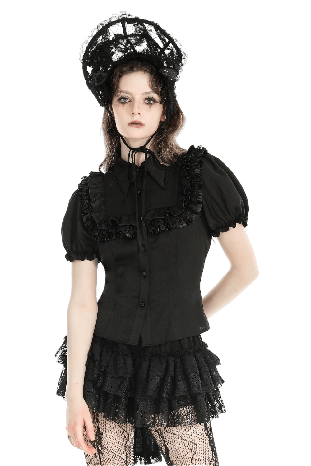 Gothic Black Blouse With Puff Sleeves And Ruffle Detail