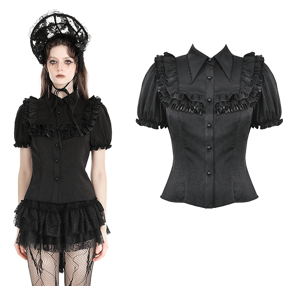 Gothic Black Blouse With Puff Sleeves And Ruffle Detail