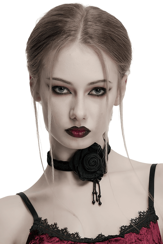 Gothic Black Burning Rose Choker with Bead Chains and Lace