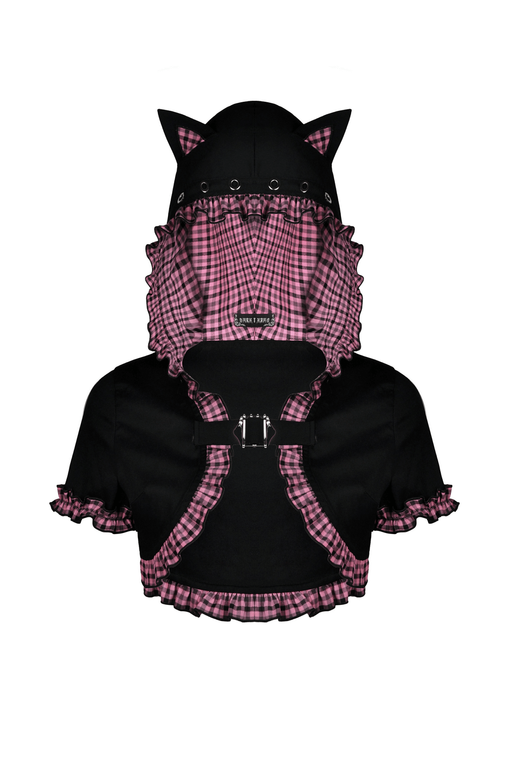 Gothic Black Cat Ear Crop Top with Pink Plaid and Hood