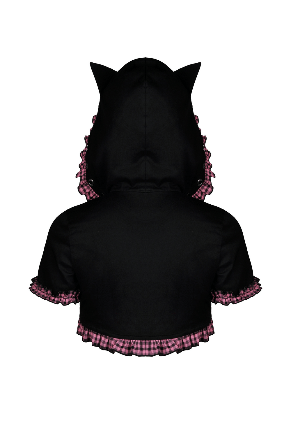 Gothic Black Cat Ear Crop Top with Pink Plaid and Hood