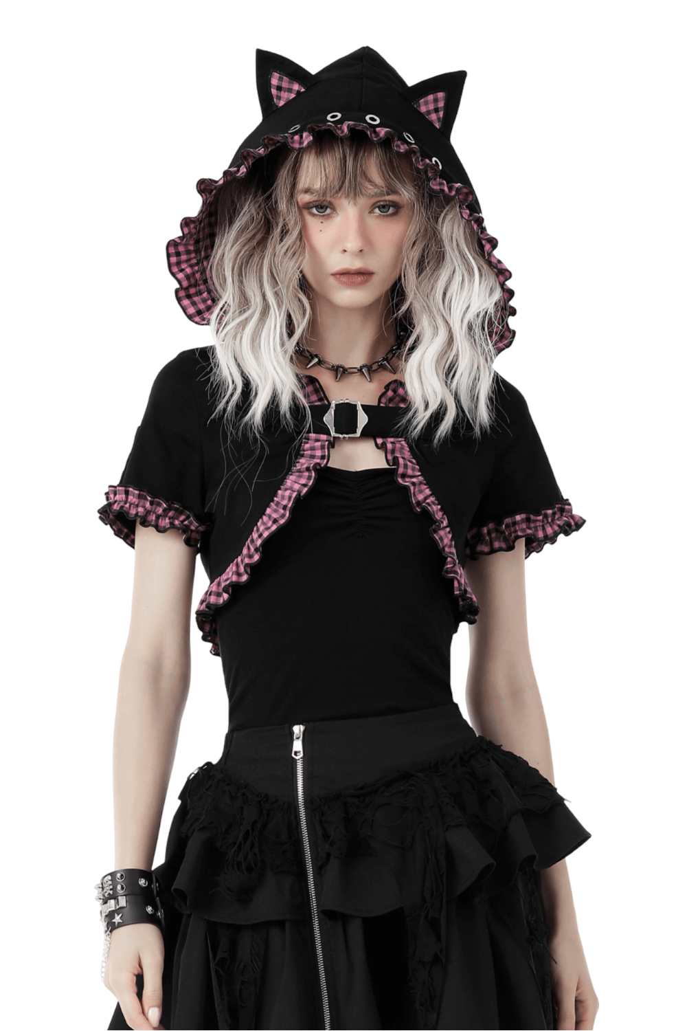 Gothic Black Cat Ear Crop Top with Pink Plaid and Hood