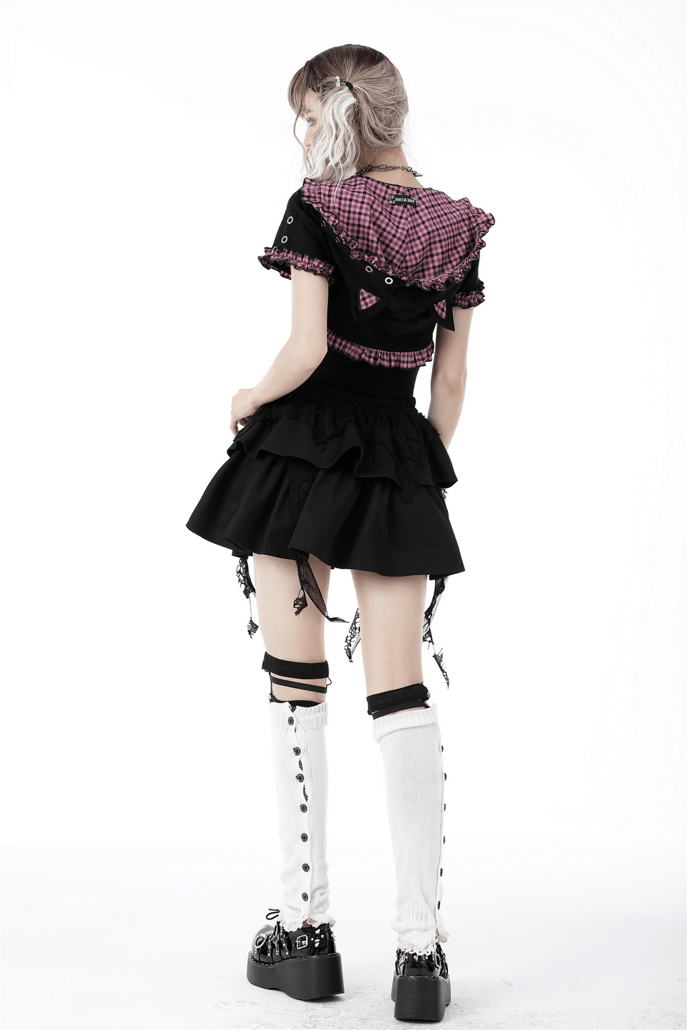 Gothic Black Cat Ear Crop Top with Pink Plaid and Hood