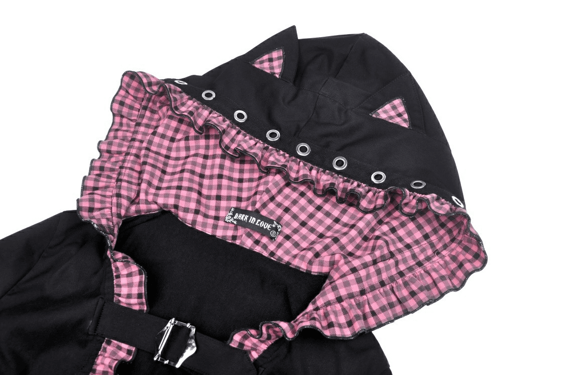 Gothic Black Cat Ear Crop Top with Pink Plaid and Hood