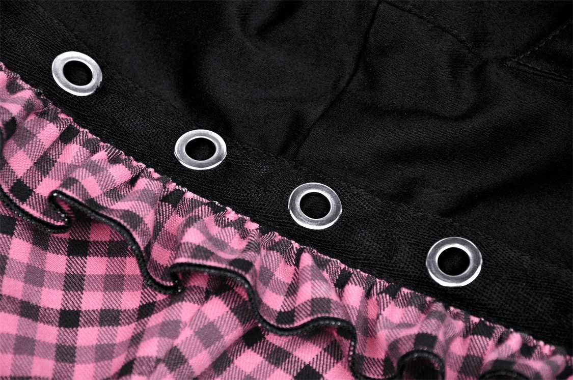 Gothic Black Cat Ear Crop Top with Pink Plaid and Hood