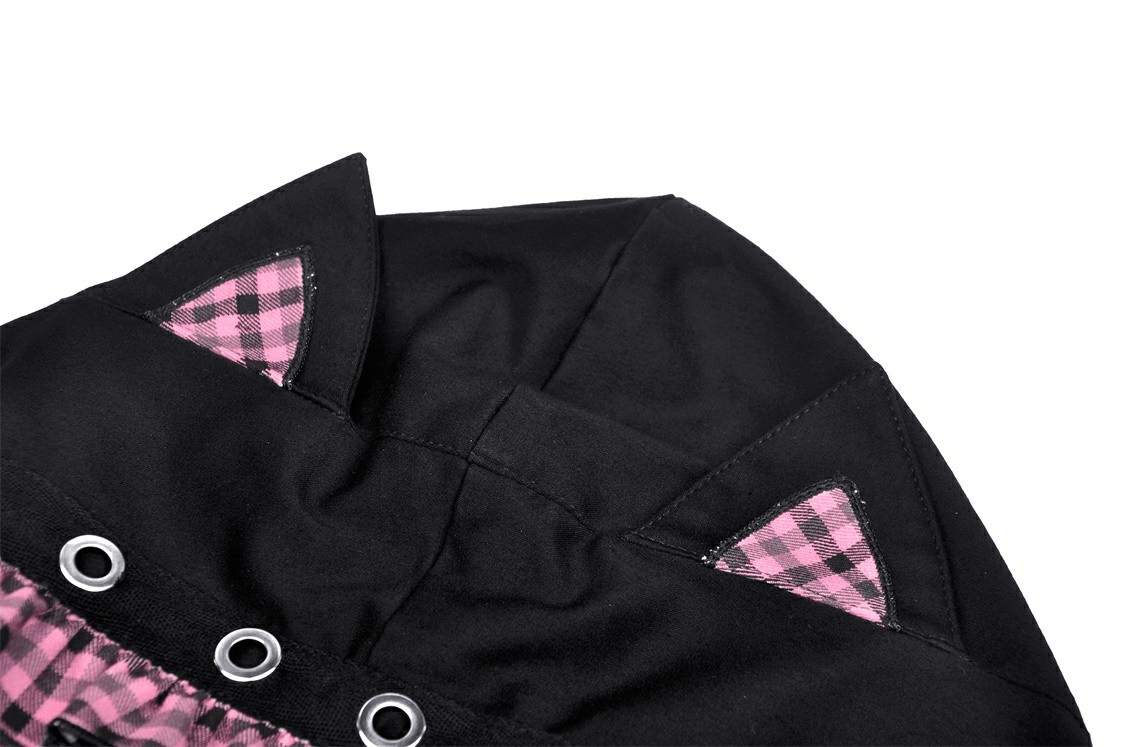 Gothic Black Cat Ear Crop Top with Pink Plaid and Hood