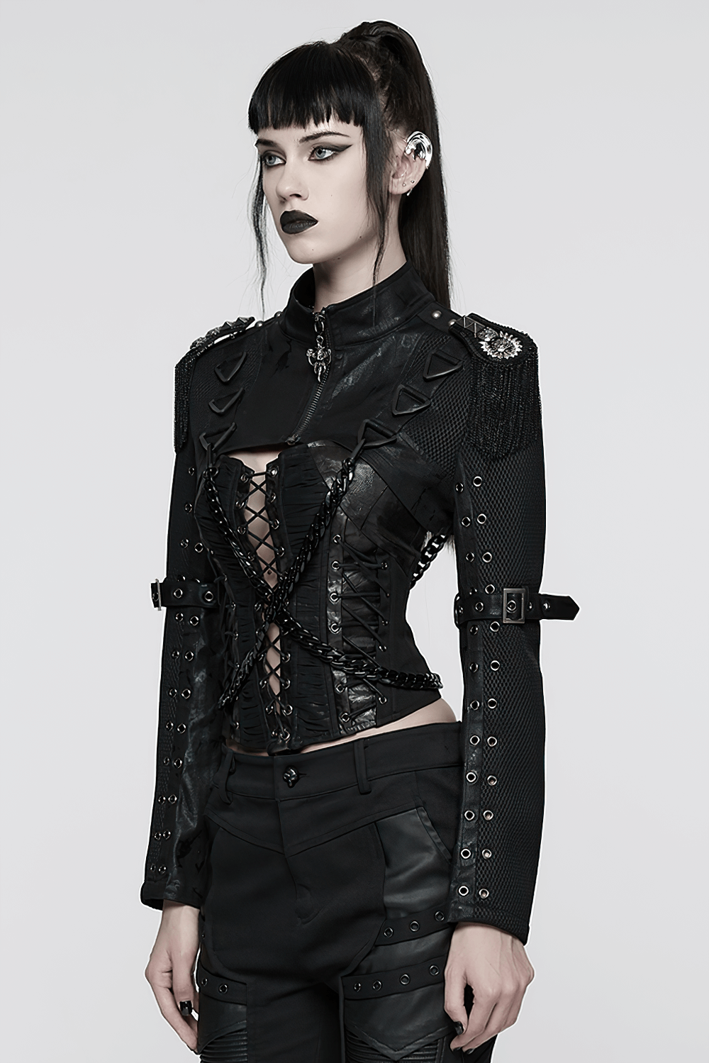 Gothic Black Chain Shrug Cropped Jacket with Punk Lace-Up