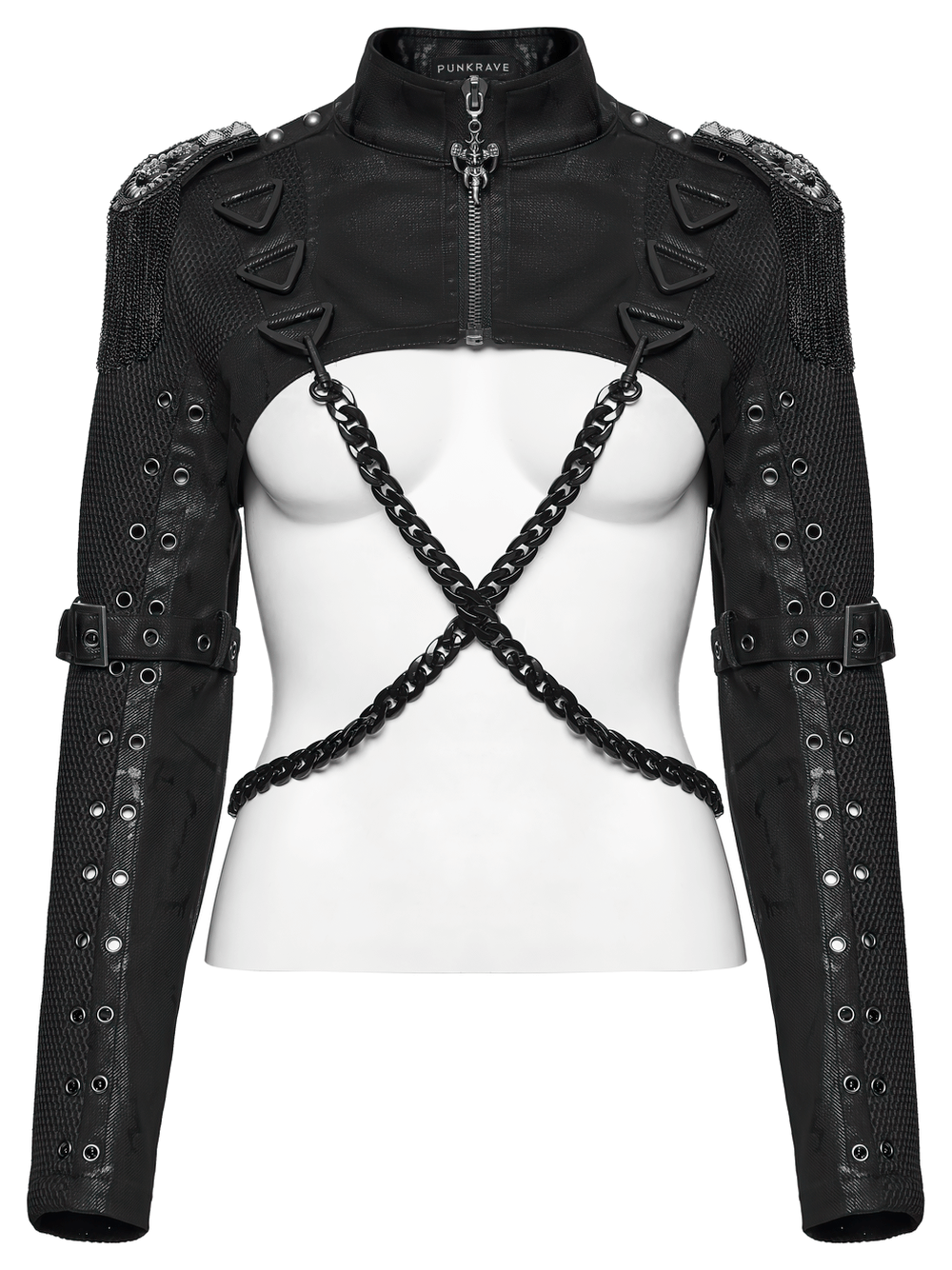 Gothic Black Chain Shrug Cropped Jacket with Punk Lace-Up