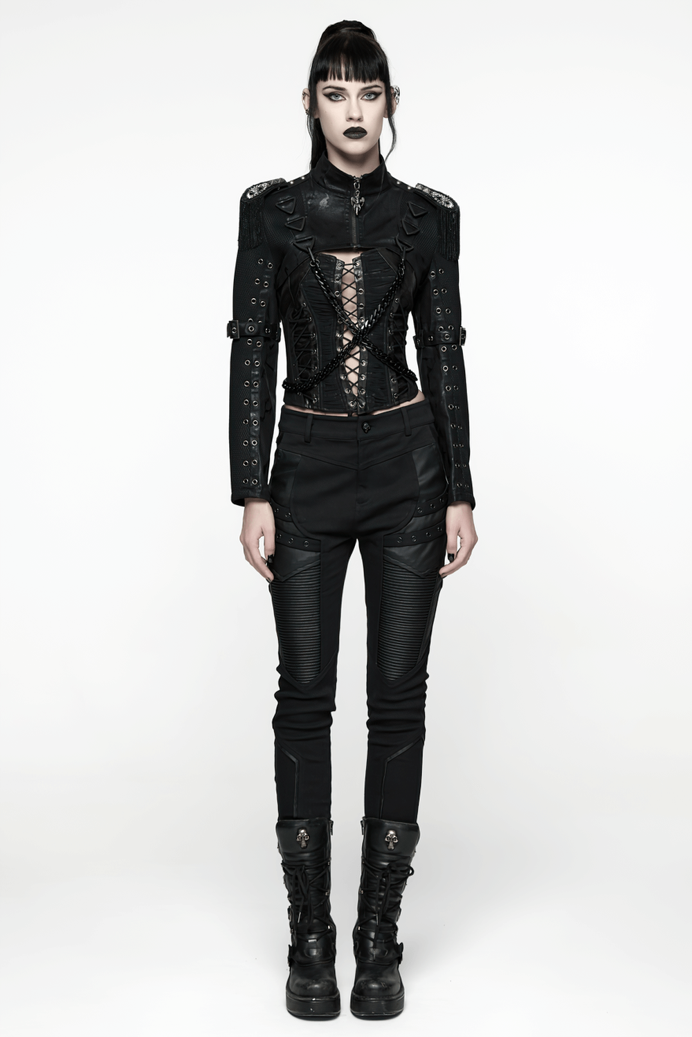 Gothic Black Chain Shrug Cropped Jacket with Punk Lace-Up