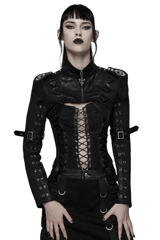 Gothic Black Chain Shrug Cropped Jacket with Punk Lace-Up