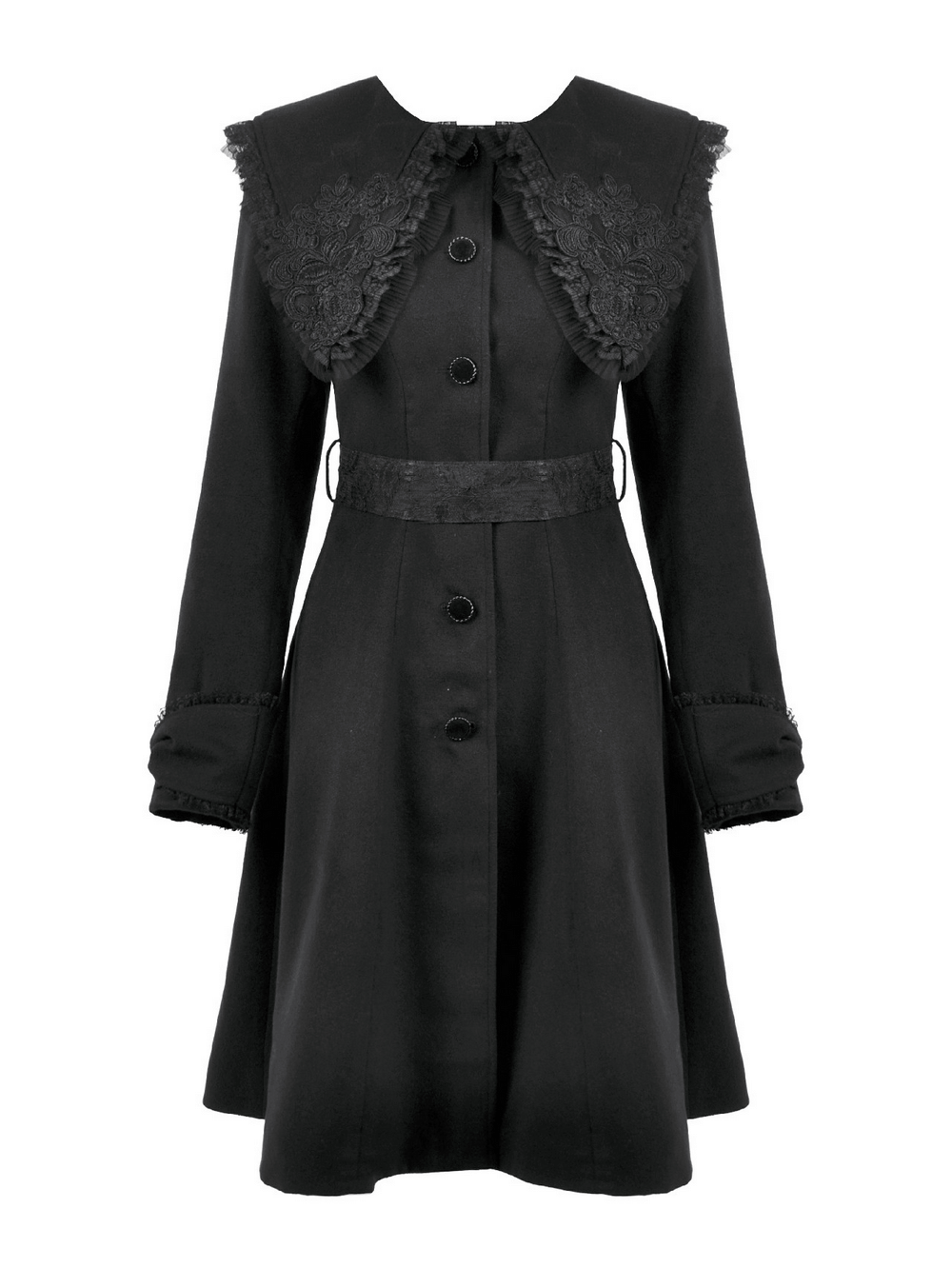 Gothic Black Coat with Lace Collar and Bow Detail
