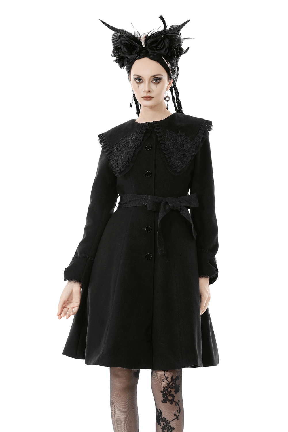 Gothic Black Coat with Lace Collar and Bow Detail