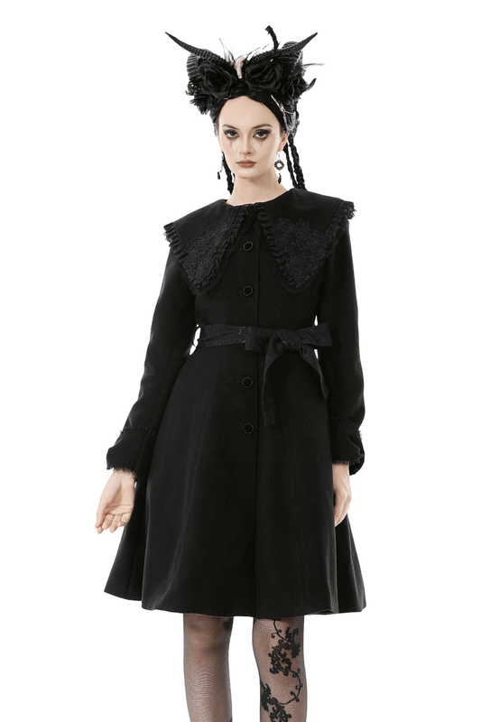 Gothic Black Coat with Lace Collar and Bow Detail