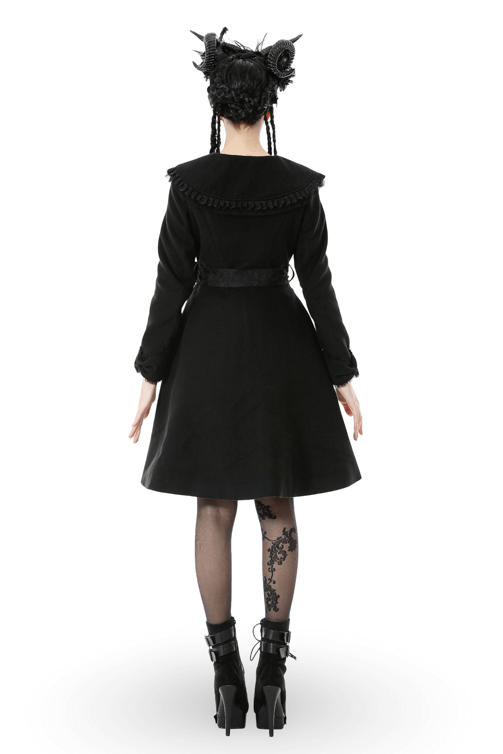 Gothic Black Coat with Lace Collar and Bow Detail