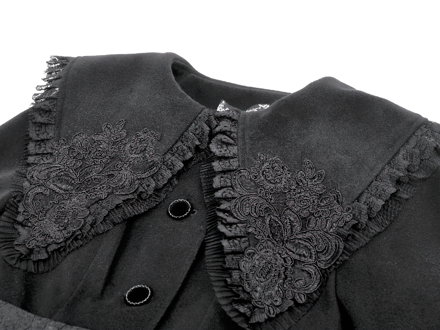 Gothic Black Coat with Lace Collar and Bow Detail
