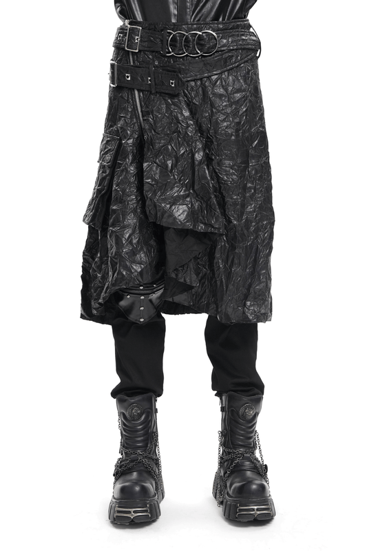 Gothic Black Crinkled Leather Kilt with Buckles