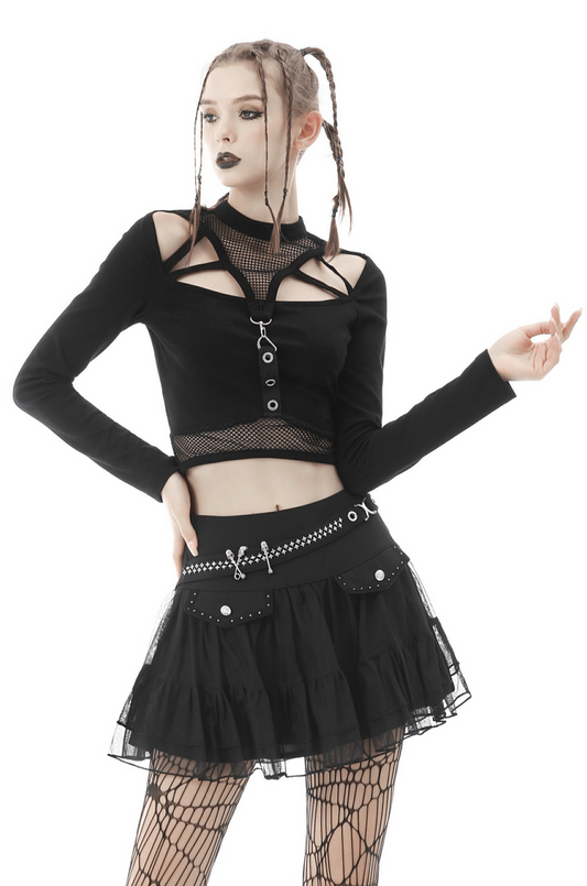 Gothic Black Crop Top with Mesh and Straps Detail