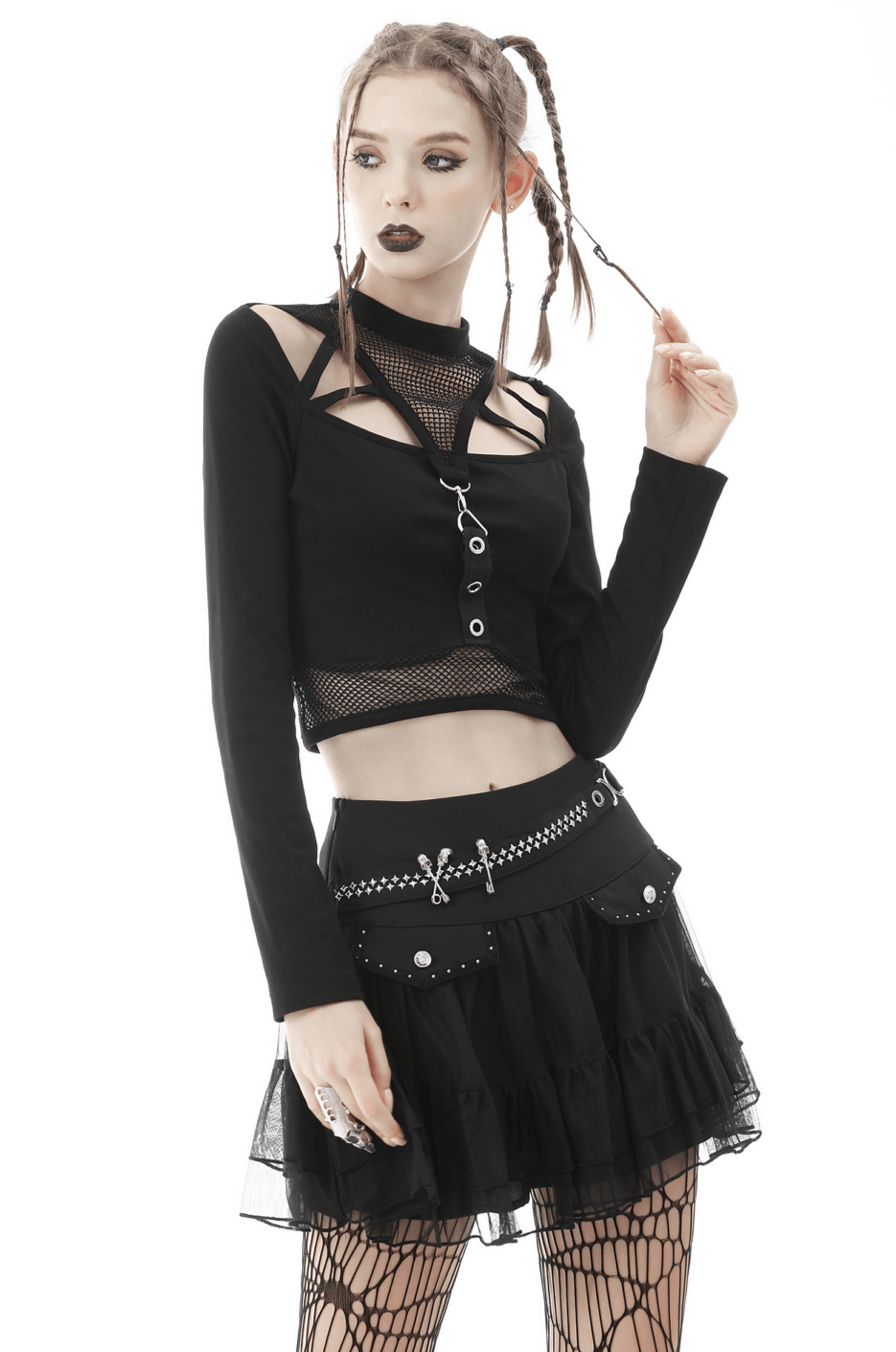 Gothic Black Crop Top with Mesh and Straps Detail