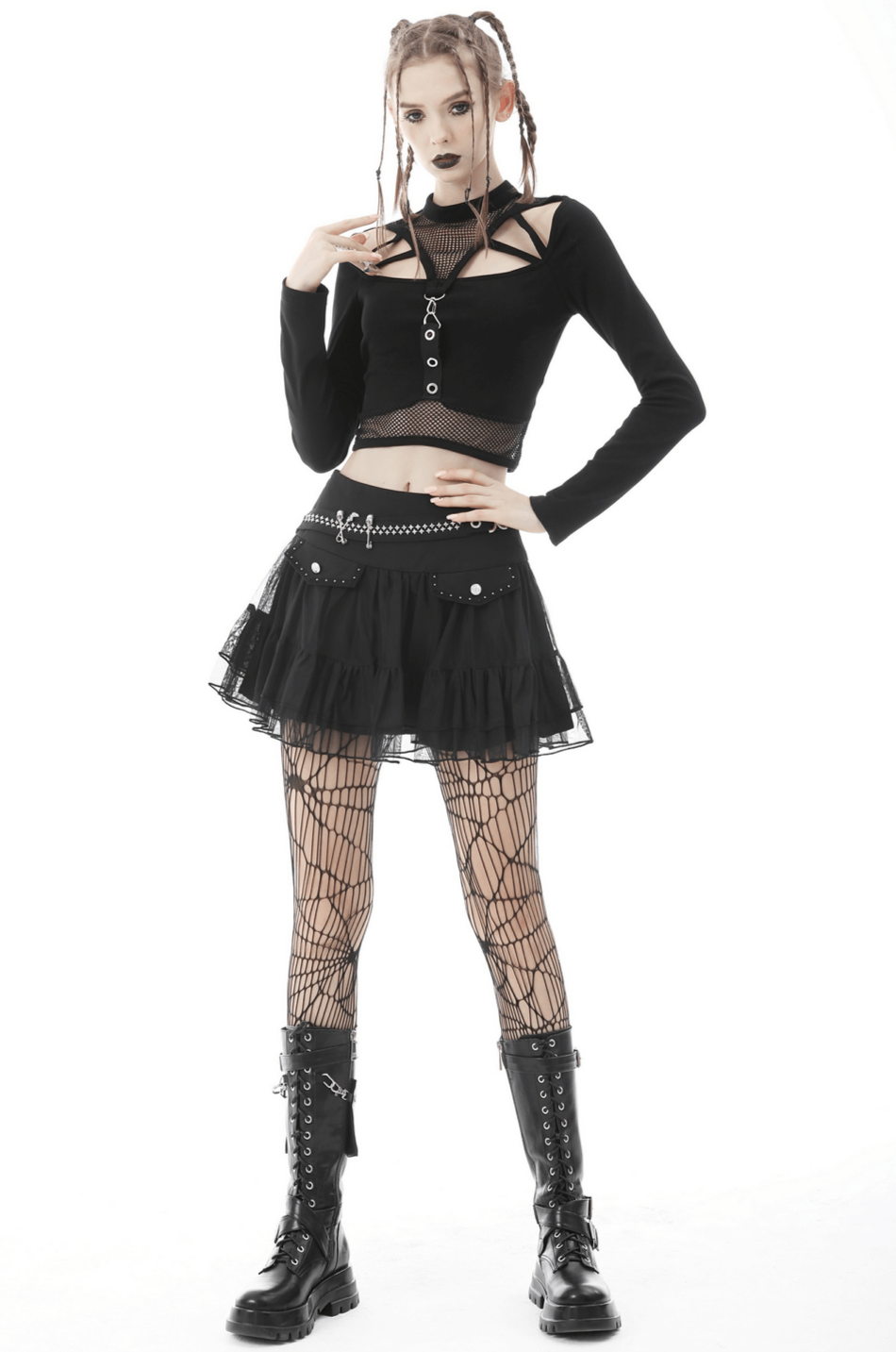 Gothic Black Crop Top with Mesh and Straps Detail