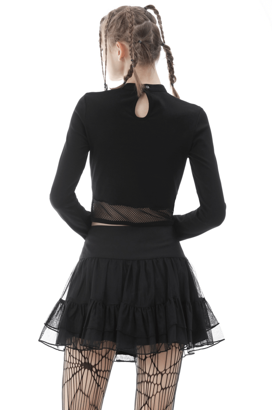 Gothic Black Crop Top with Mesh and Straps Detail
