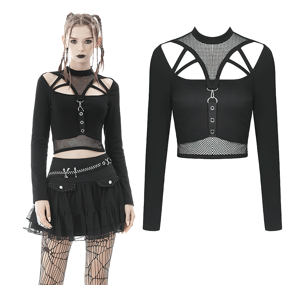 Gothic Black Crop Top with Mesh and Straps Detail