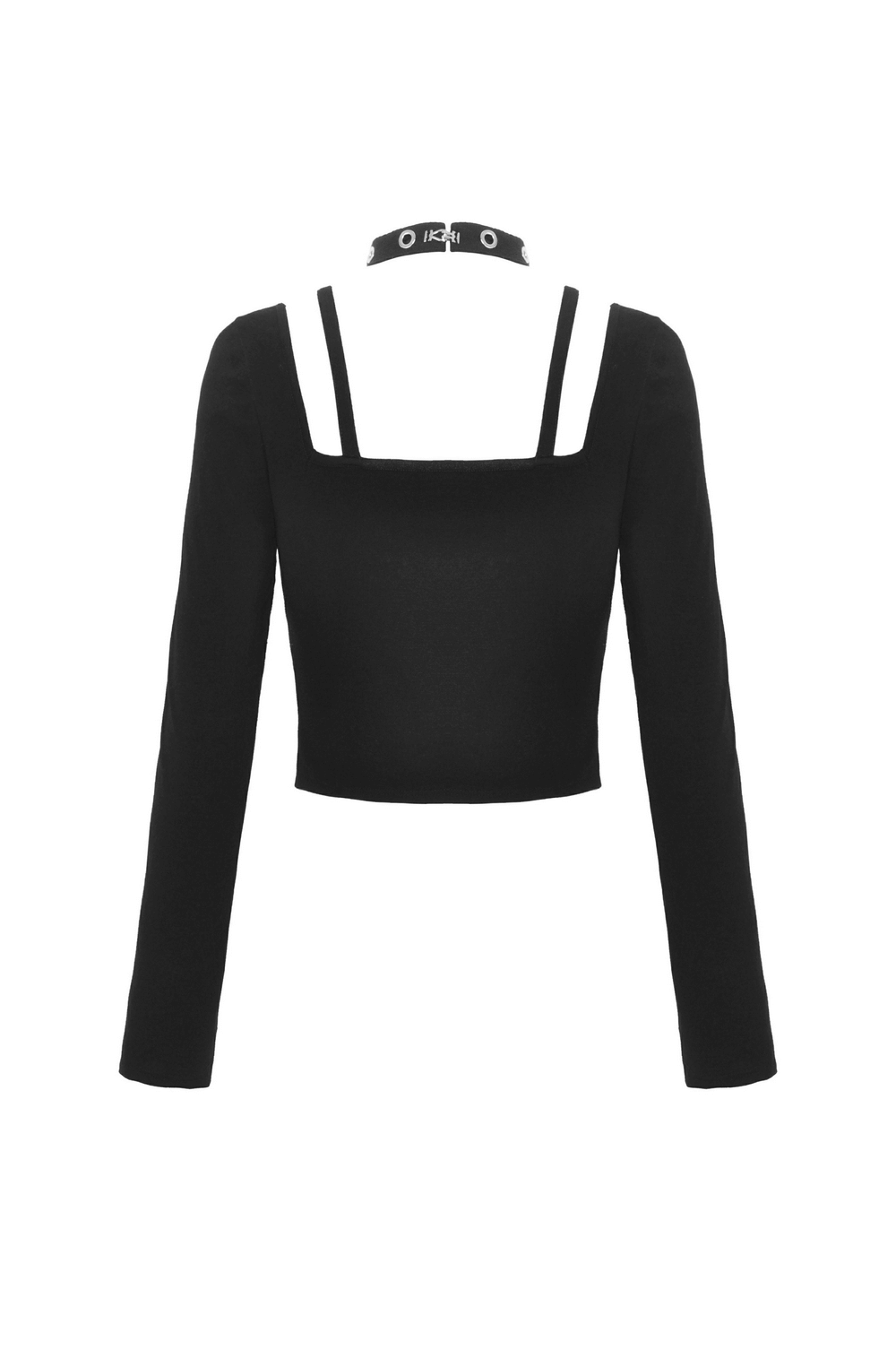 Gothic Black Crop Top with Metal Accents And Long Sleeves