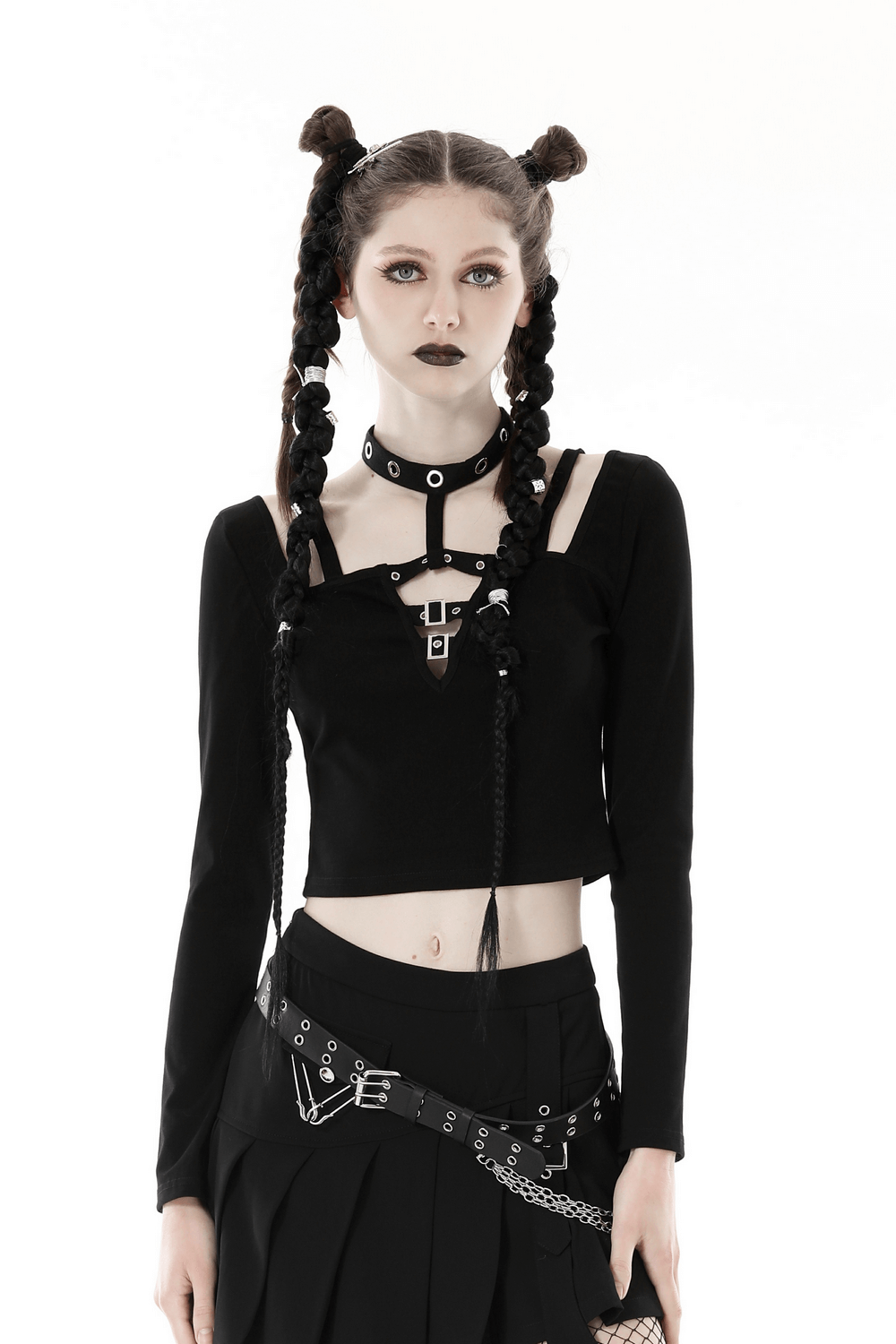 Gothic Black Crop Top with Metal Accents And Long Sleeves