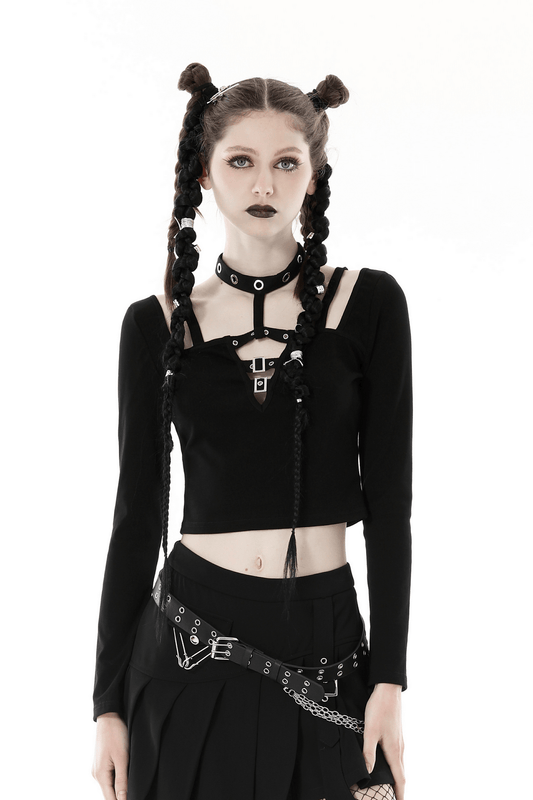 Gothic Black Crop Top with Metal Accents And Long Sleeves