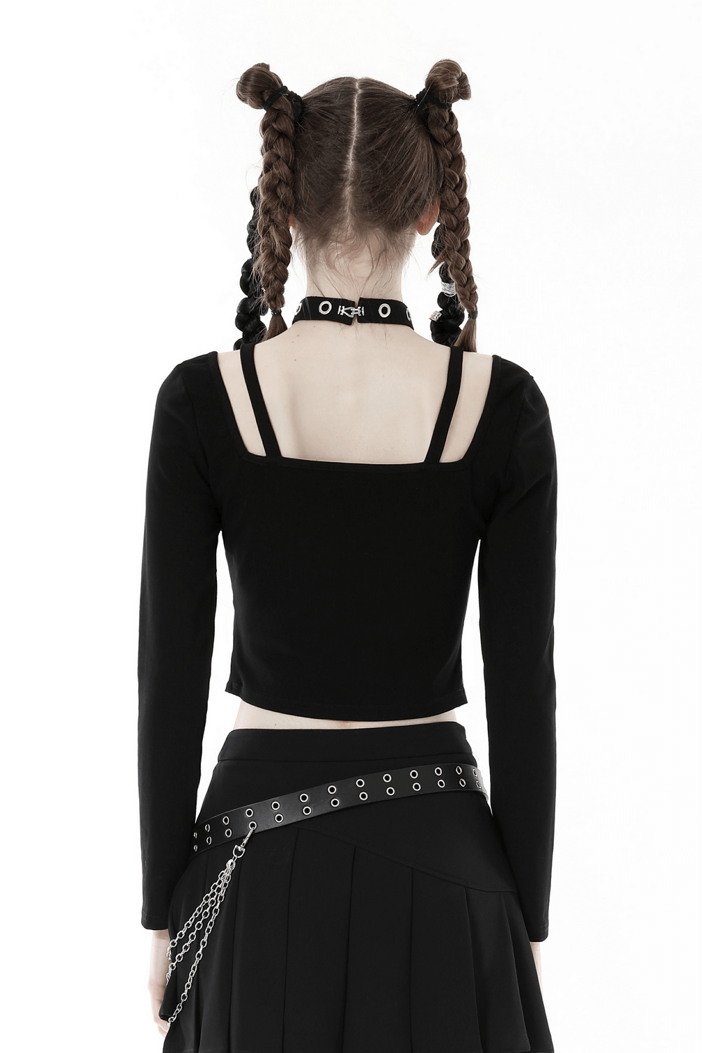 Gothic Black Crop Top with Metal Accents And Long Sleeves