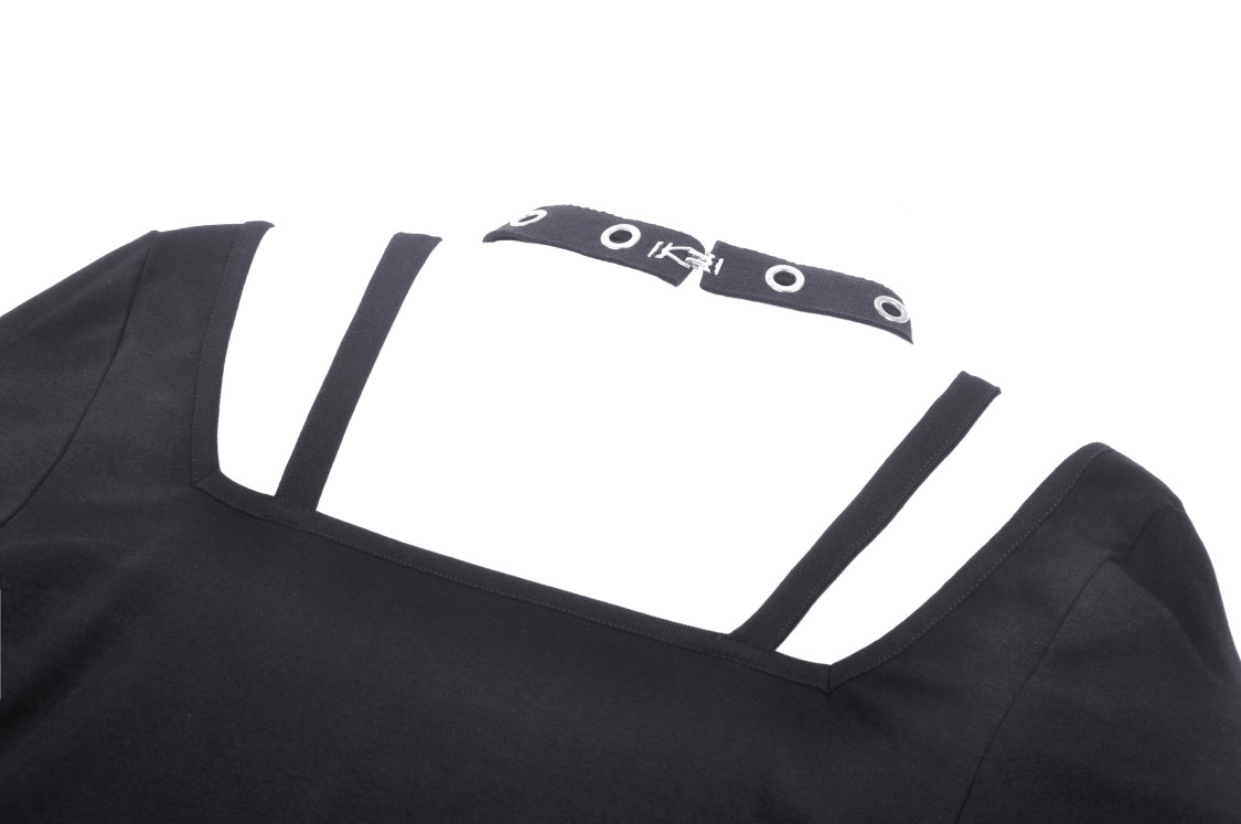 Gothic Black Crop Top with Metal Accents And Long Sleeves